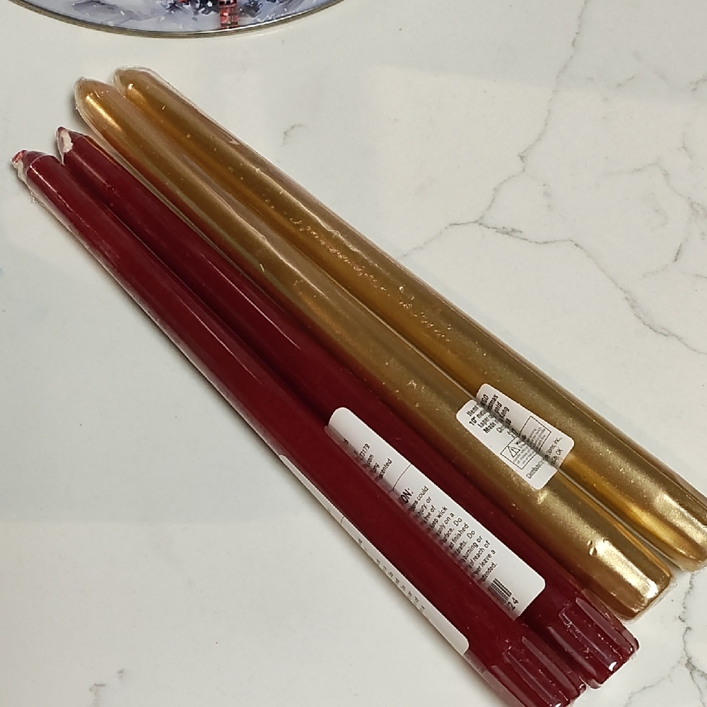 Hobby Lobby Gold and Red Taper Candles- included 4